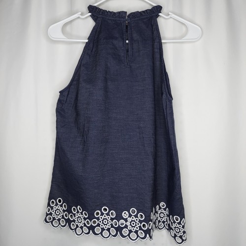 Ann Taylor Embroidered Floral Halter Top Womens Small Blue Chambray White Preppy - Picture 2 of 9