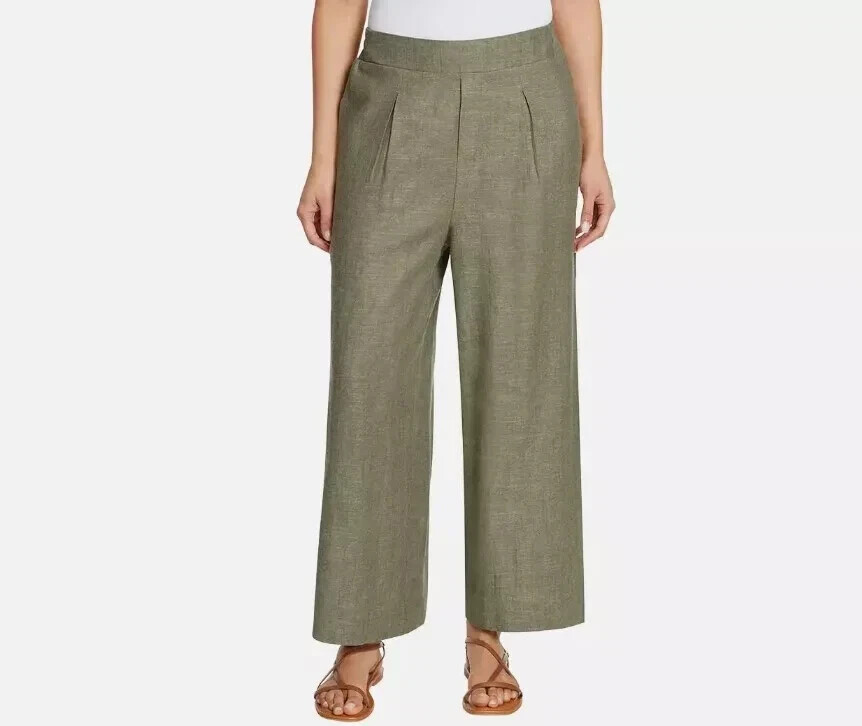 Ella Moss Women's Wide-Leg Linen Blend Pants, Green, Size XL