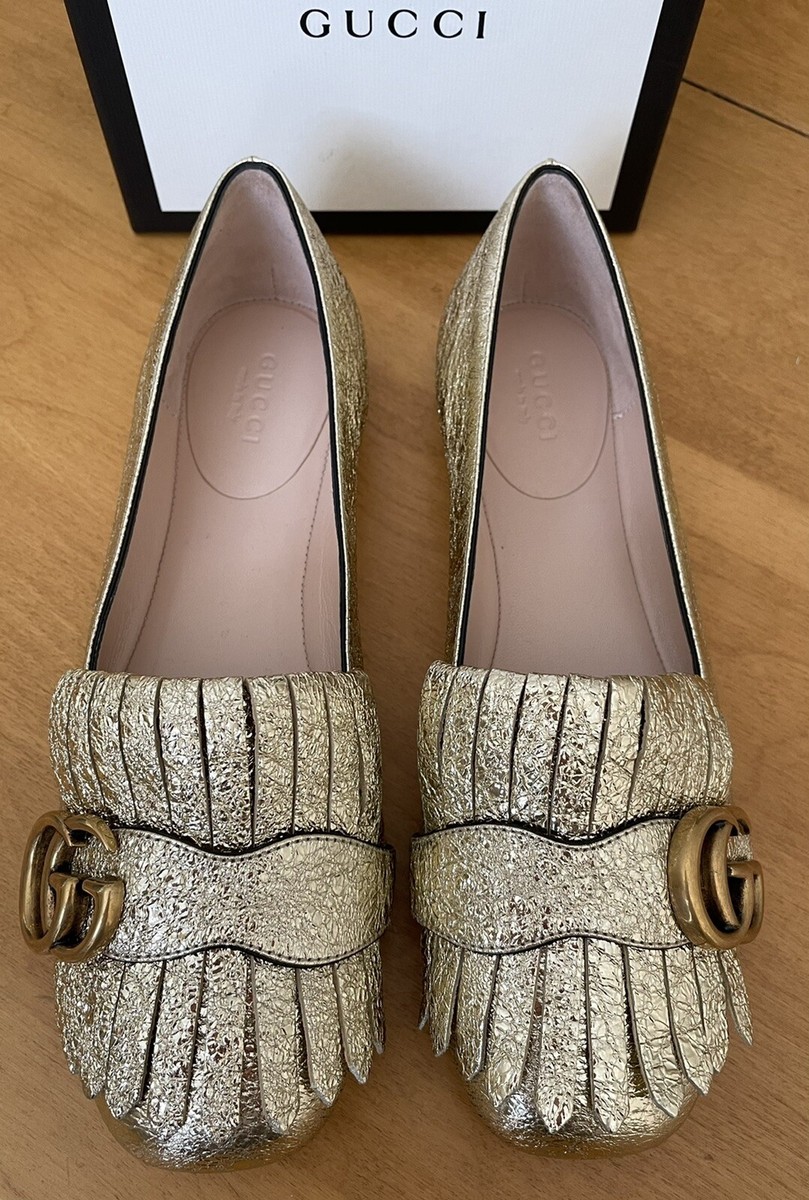 NIB GUCCI GG MARMONT Fringe Double G Logo Flat Shoe Gold NIB GUCCI GG MARMONT Fringe Double G Logo Flat Shoe Gold
