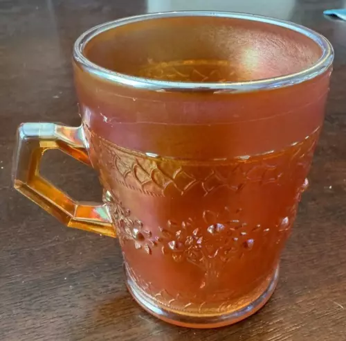 Mid Century Mod Vtge Fenton Marigold Carnival Glass Orange Tree Handled Mug Cup