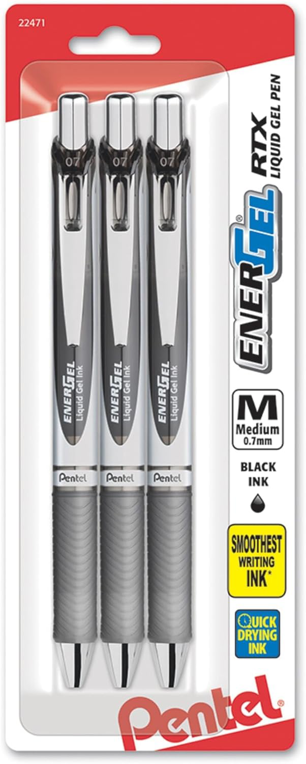 Pentel Energel Deluxe RTX Gel Pens 0.7mm Black Ink Pack of 3