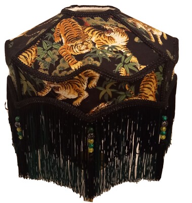 EINZIGARTIGER MASSGESCHNEIDERTER 14'' LAMPENSCHIRM TIGER SCHWARZ & GOLD ORIENTALISCH ASIATISCHER STOFF WUNDERSCHÖN