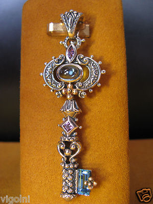BARBARA BIXBY KEY AMETHYST TOPAZ GEMSTONE FLOWER ENHANCER PENDANT SS 18K Gift