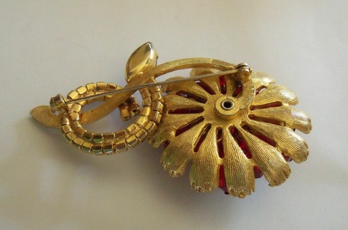 Mid-Century Aurora Borealis Rhinestone Brooch MCM AB Figural Flower Red Riveted - Picture 7 of 9