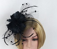 STUNNING BLACK FASCINATOR WITH FEATHER FLOWERS, BEADS  VELVET NETTING/ HEADBAND
