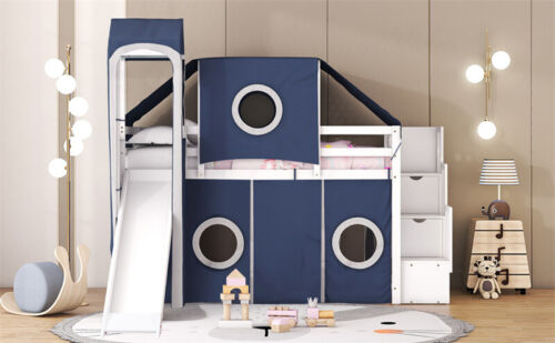 Twin Size Wood Loft Bed with Slide,Tent, Tower & Storage Staircase for Kids Blue - Picture 17 of 18