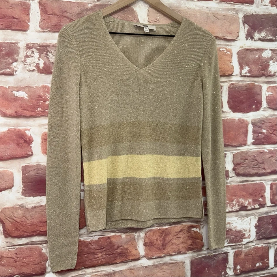 复古 Etcetera Top 女式 XS 棕褐色金色金属条纹休闲针织衬衫 — 第 2/4 张图片