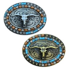 Men Western Belt Buckle Silver Metal Engraved Vintage Blue Beads Cowboy Accessor