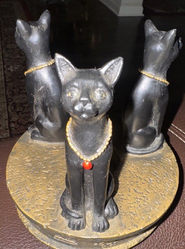 Vintage Egyptian Cats Hieroglyphs Resin Goddess Bastet Alter Candle Holder - Picture 3 of 8