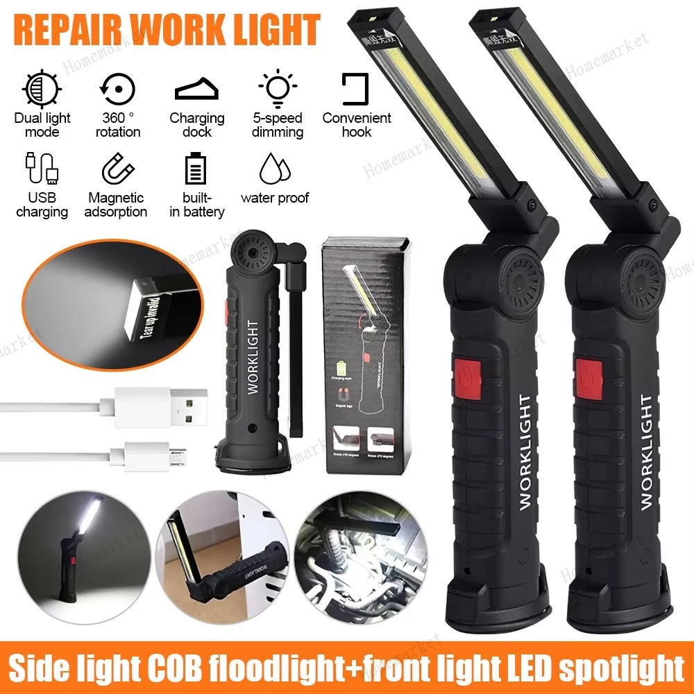 2x Rechargeable LED COB Work Light Mechanic Flashlight Lamp Magnetic Base Bright