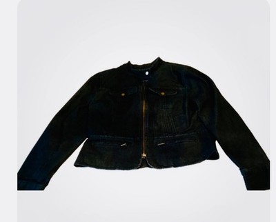 Apostrophe Black Denim Jacket Womens Size 10 Cropped Stretch Zip Front Jean Jack