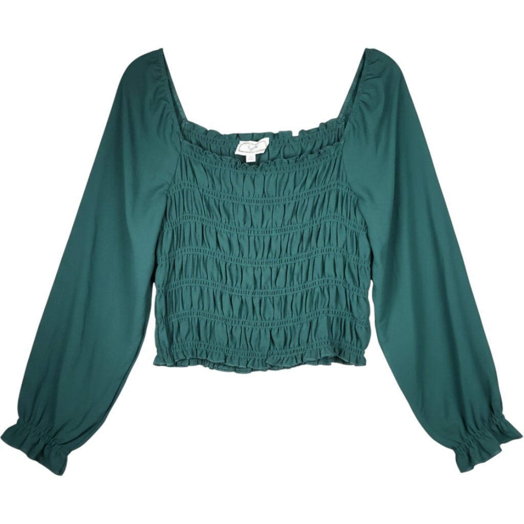 HIPPIE ROSE Smocked Cropped Top Women Size MED Hunter Green Long Sleeve Coquette