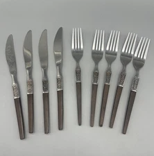 Vtg Ekco Eterna LA JOYA 9 Piece Stainless Wood Handle Flatware Forks Knives MCM