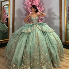Sage Green Quinceanera Dresses Crystals Beading Applique Bow 15 Anos Tull Corset