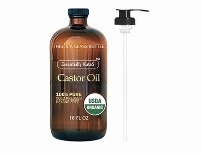 Essentially KateS Castor Oil 16 Fl Oz (Glass Bottle) - 100% Cold Pressed - USDA