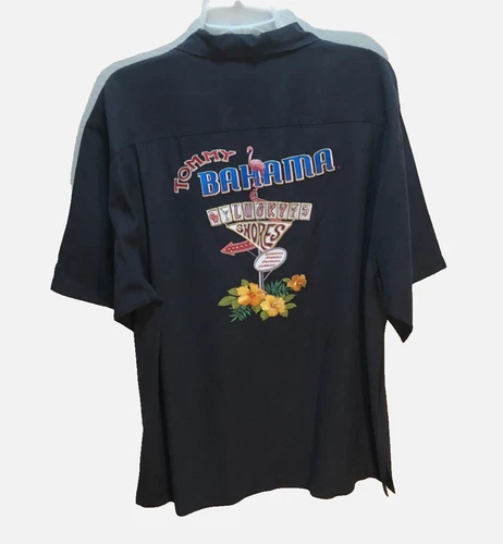 Tommy Bahama Lucky Shores Hawaiian Vintage Sewn Rayon Black Camp Shirt XL