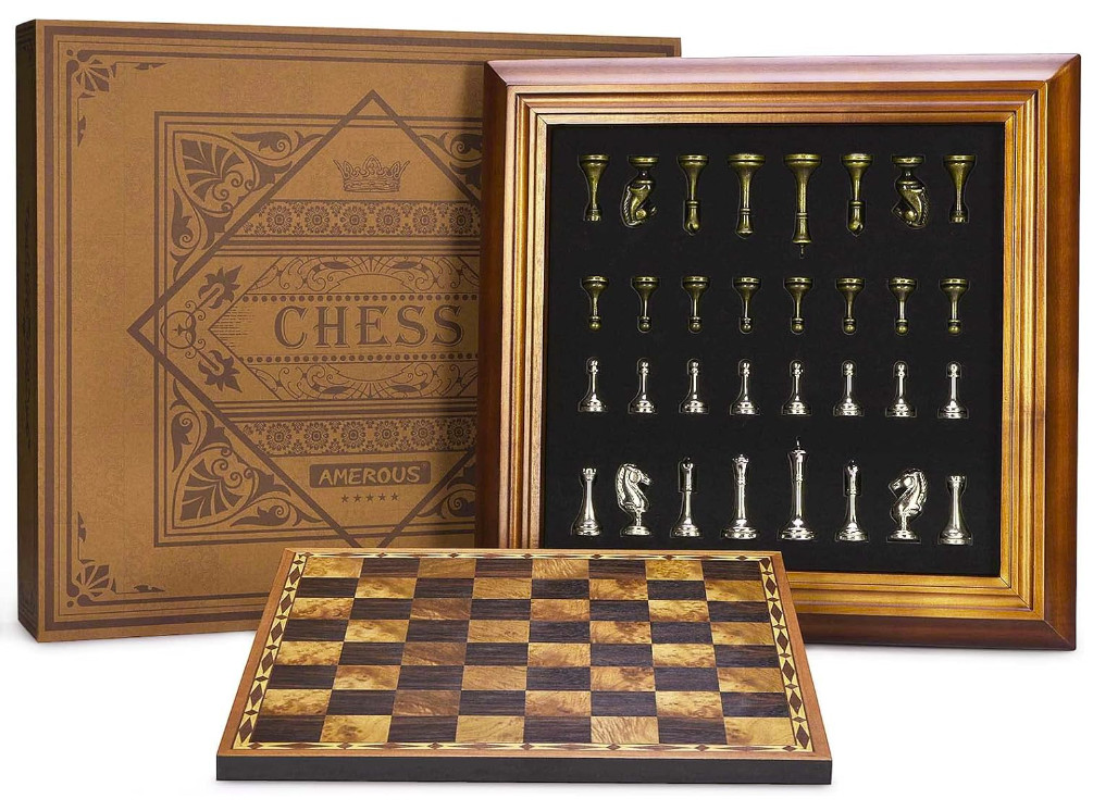 Vintage Chess Set,Wood Chess Board with Storage,Metal Chess Pieces, Classic Game