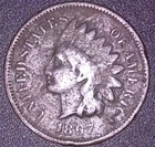 1867  INDIAN HEAD CENT 1C , SEMI HARD DATE