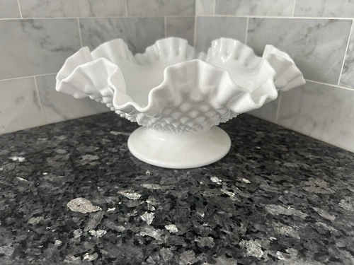 Fenton Hobnail Milk Glass Bowl Dish Foot Ruffled Round White Glossy Vintage USA