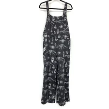 Romwe Wide Leg Overalls Womens Size 1XL Black White Bug Dinosaur Potion Print
