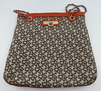 DKNY Shoulder Bag Purse Brown Canvas Orange Leather Gold Chain