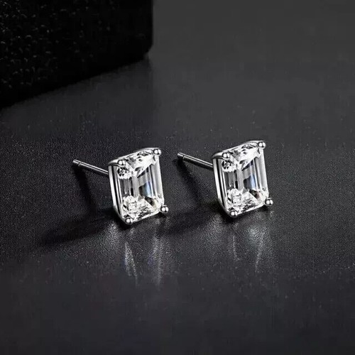 4Ct Emerald Cut Lab Created Diamond Women's Stud Earrings 14k White Gold Plated - Picture 4 of 9