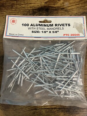 100 Pieces 1/8'' x 5/8'' Aluminum Pop Rivets with Steel Mandrels Free Ship in USA