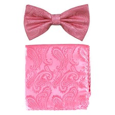 New Brand Q men's pre-tied bow tie hankie set paisley micro fiber formal pink