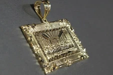 10K Solid Yellow Gold Diamond Cut Last Supper With Picture Flame Design Pendant.