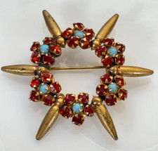 Vtg Star Snowflake Brooch, Red Rhinestones Prong Set Rivet Backs, Unsigned, 2"
