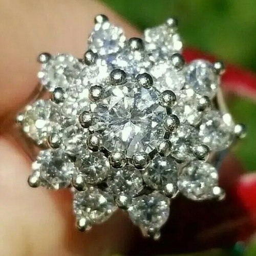 1.34 TCW Round Moissanite Flower Design Engagement Ring 14K White Gold Plated - Picture 3 of 6