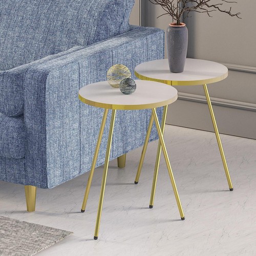 Set of 2 END Tables Marble Look Wood Round Sofa Side Table for Small Spaces - Picture 69 of 73