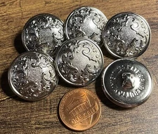 6 NOS Vtg Domed Shiny Silver Tone Hollow Shank Buttons Waterbury 23mm 7/8" 14887