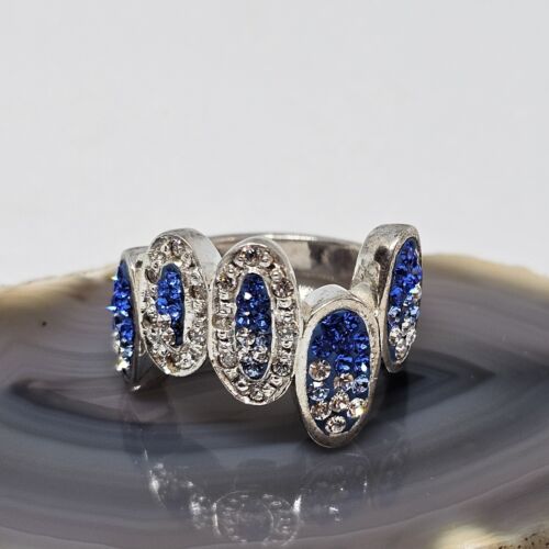 925 Sterling Silver Blue & White Crystal Pave Cocktail Ring Size 7 - Picture 3 of 14