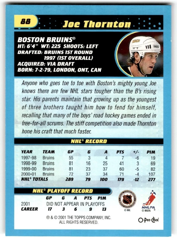 2001-02 O-Pee-Chee Heritage Parallel Joe Thornton #88 Boston Bruins - Image 2 of 2