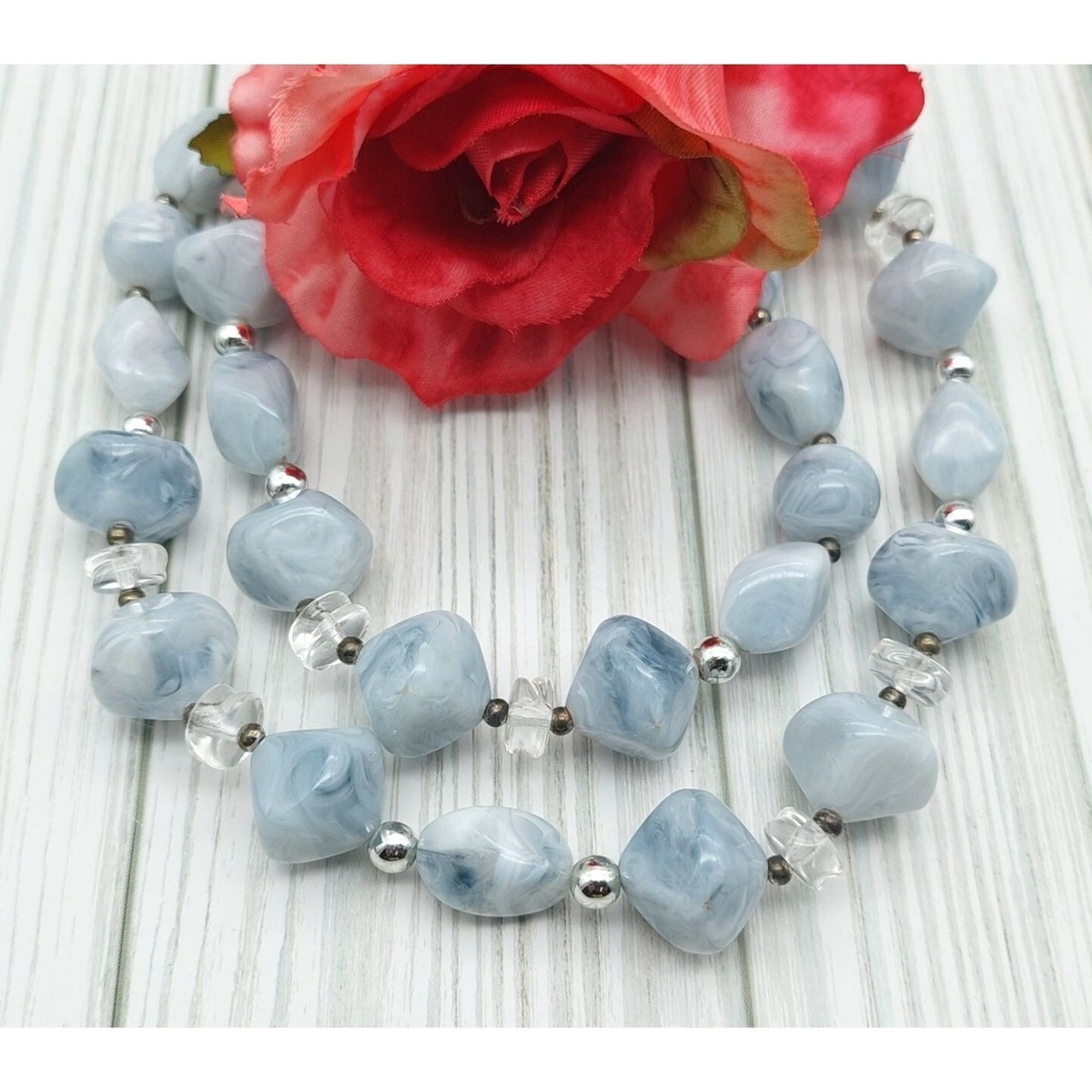 Cute Single Strand Necklace Blue Gray Swirl Beads Silver Tone Spacers Artisan