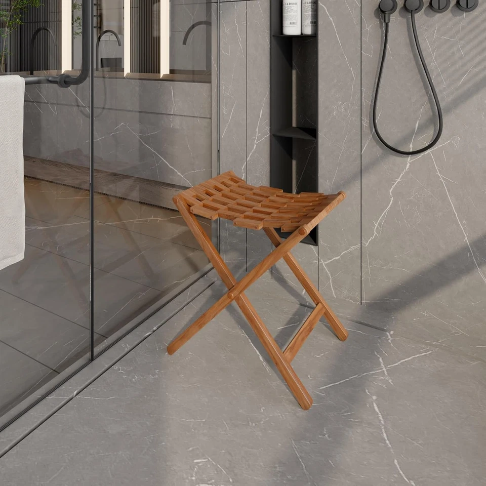 Mosaic Folding Stool in Solid Teak Wood, Brown - Image 2 of 4