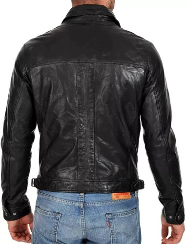 Men's Natural Black NAPA Leather Jacket URBAN Genuine Biker Front Pockets Zipper - Picture 2 of 3