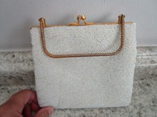 White Hand Beaded Evening Handbag with Rigid Metal Handle Elegant Prom Formal
