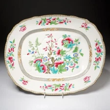 Charles Meigh Antique Indian Tree Pink Green Large Meat Platter 19th C 20.75"l