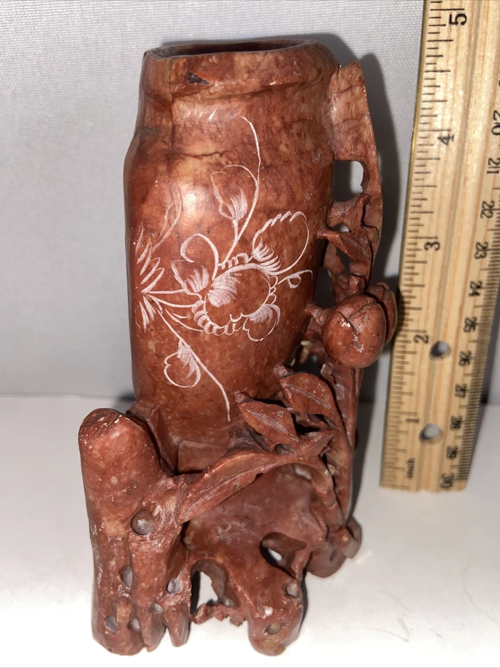 "Florero vintage de flores talladas en piedra de jabón rojo asiático oriental 5x4x3""" Foto 3 de 4
