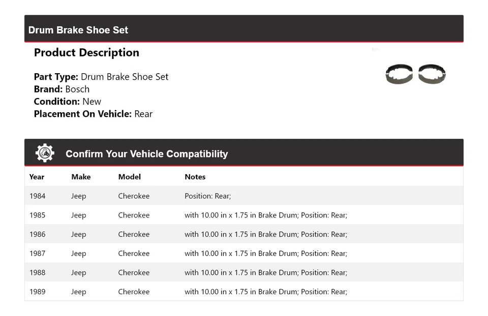 Juego de zapatas de freno de tambor traseras para Jeep Cherokee Bosch 1984-1989 1985 1986 1987 1988 Foto 2 de 4