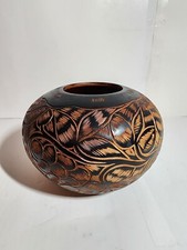 Vintage Carved Solid Wood Decorative Bowl Flower Vines Black Red Blonde