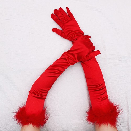 Velvet Cuffs Feathers Full Finger Gloves Elbow Satin Length Opera Gloves Mittens - Picture 10 of 29