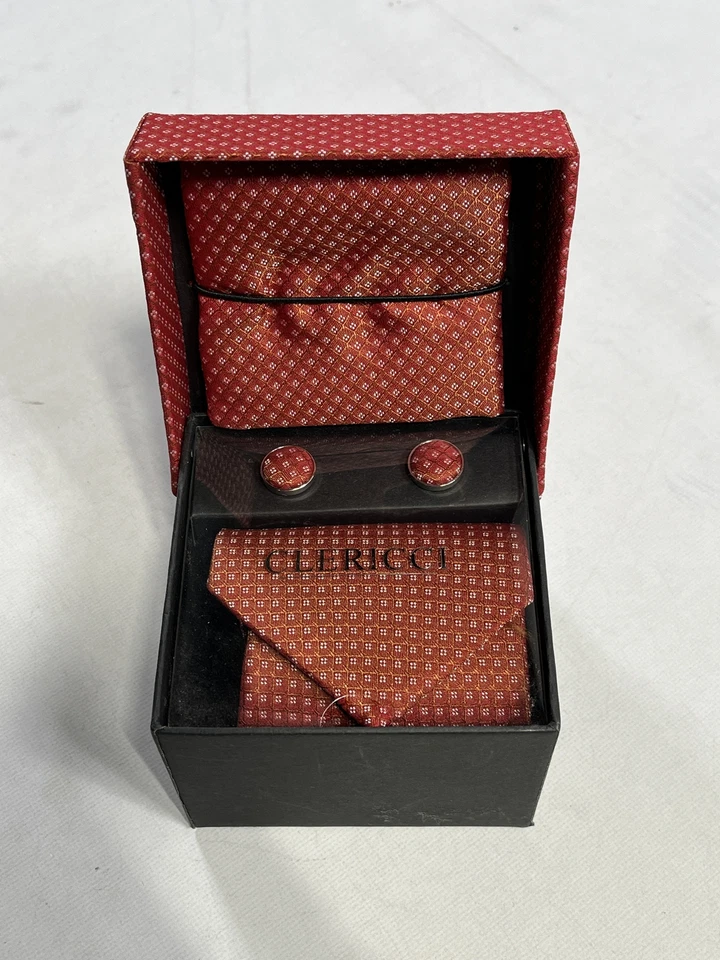 Corbata de flores rojas blancas Clericci para hombre con cuadrado de bolsillo y gemelos a juego NUEVA Foto 2 de 3