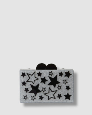 $75 Bari Lynn Kid's Girl's Silver Glitter Stars Acrylic Purse Clutch Bag