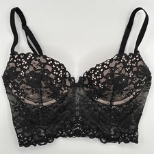 Victoria's Secret 32B Longline Black Nude Lace Boned Push-up CORSET BRA READ 