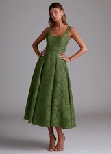Azazie Amalie Olive A-Line Pleated Floral Burnout Dress US 4 Tea Formal Wedding