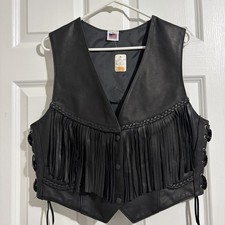 Vintage Black Leather Fringe Vest Size Large Western Biker Conchos American NEW