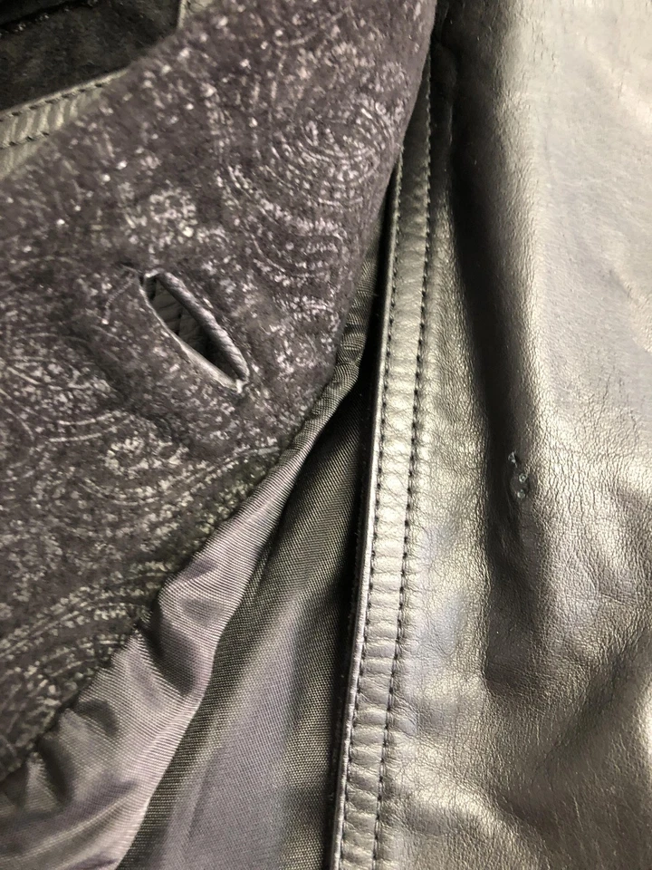 Vintage Winlit Leather Coat Womens Medium Black Paisley Embossed Suede Long 90s - Image 3 of 4